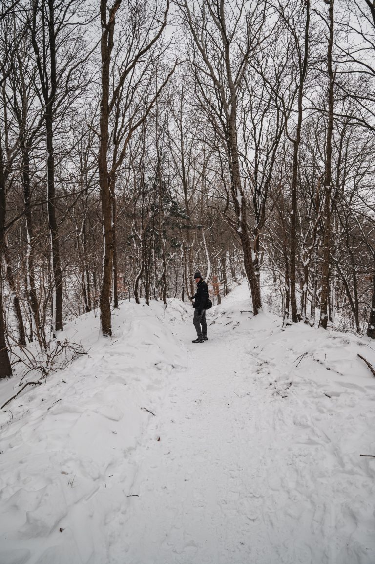 Man in het besneeuwde bos